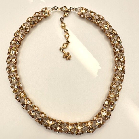 Vintage AB Crystal Necklace Gold Tone Rhombus Rondelle Rhinestone Choker Vendome